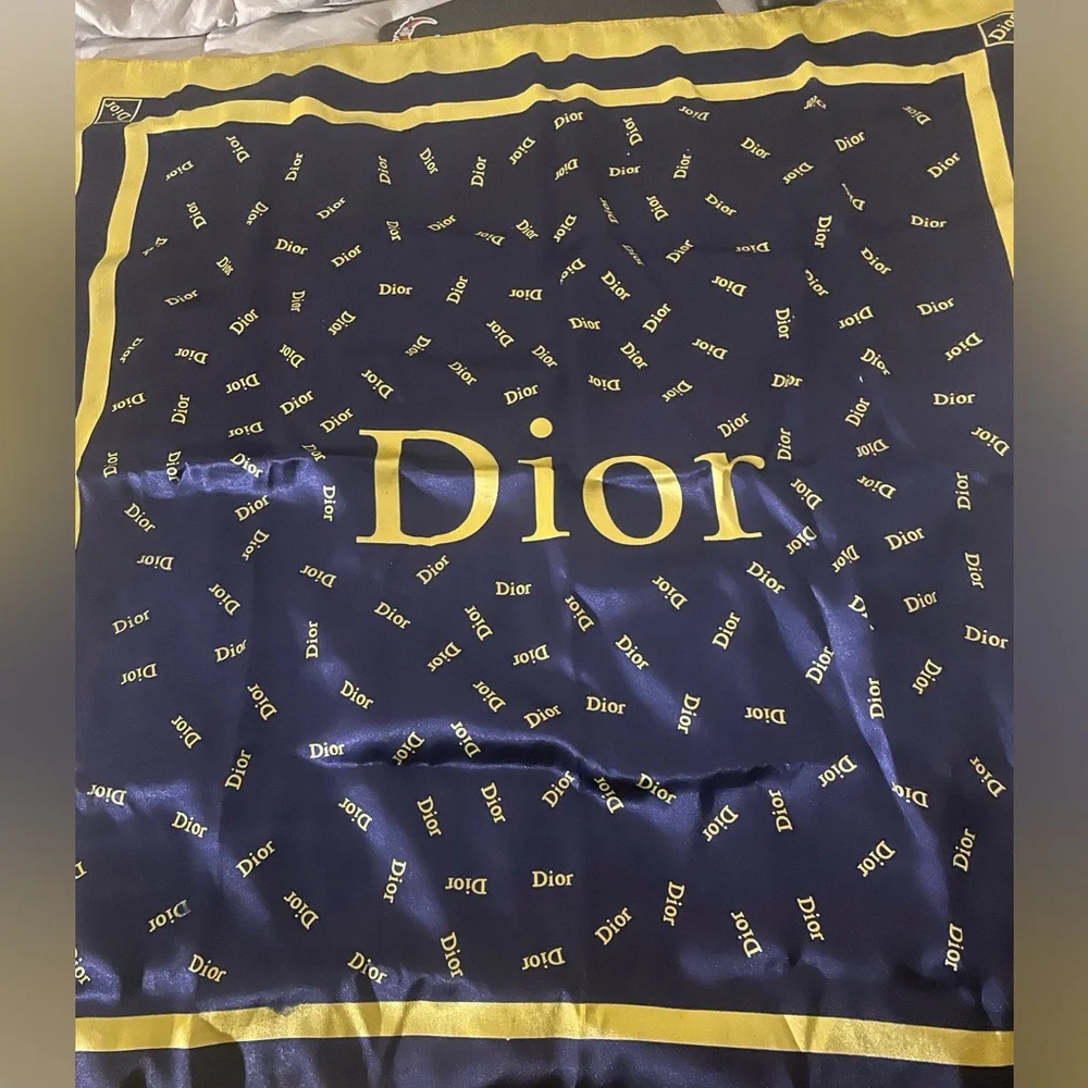 Dior large vintage navy blue and gold silk scarf